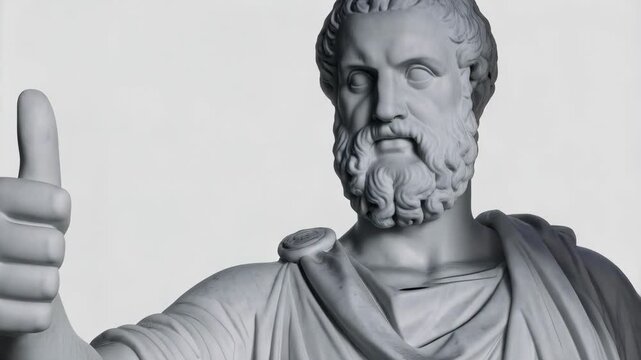 Marble statue of bearded man in toga giving thumbs up sign against a stark white backdrop in a symbolic pose