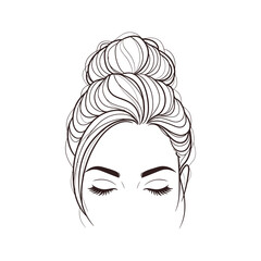 Woman’s Face with Closed Eyes and Messy Bun – Minimal Line Art Illustration