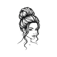 Elegant Woman with Messy Bun Hairstyle – Black and White Line Art Portrait Illustration