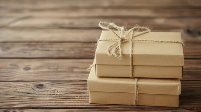 Beautifully wrapped packages sit on a wooden table, perfect for gift giving or festive occasions with a rustic charm
