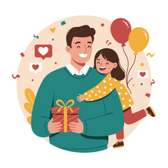 Happy Father and Daughter Celebrating with Gift and Balloons – Cute Family Illustration for Father’s Day