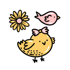 An adorable and cheerful illustration depicting cute cartoon birds alongside vibrant flowers