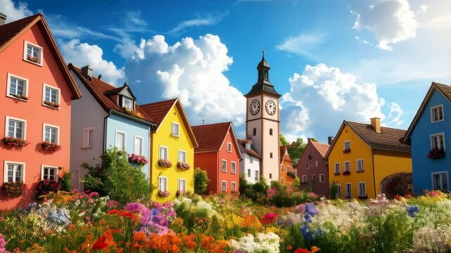 Vibrant row of colorful buildings with clock tower and lush flowerbeds against blue sky with fluffy white clouds on a sunny day.