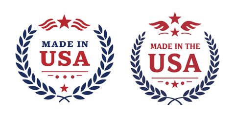 Made in USA Badge Set with Laurel Wreaths, Stars, and Patriotic Elements in Red and Blue