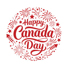 Happy Canada Day Typography with Fireworks and Stars in Circular Red Illustration on White Background