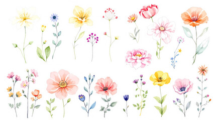Colorful spring flowers watrecolor, Set Flower watercolor