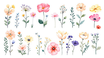 Colorful spring flowers watrecolor, Set Flower watercolor