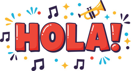 hola handwritten chunky font with music notes, trumpet and spark icons