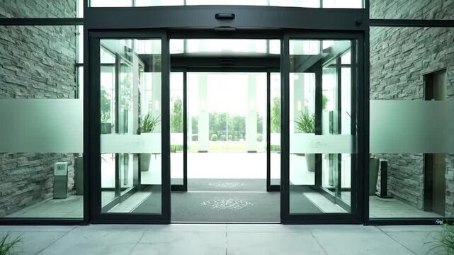 Modern automatic glass doors entrance of contemporary building establishing shot