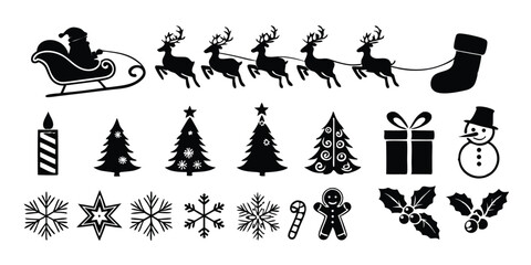 Festive Christmas Icons in Black Silhouette Style