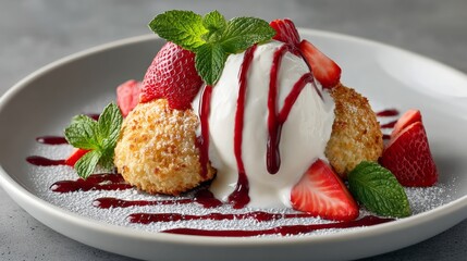 Dessert with strawberries and whipped cream on top. The strawberries are sliced and arranged on the plate
