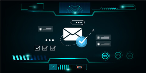 Naklejka premium Futuristic Email Inbox Interface with HUD Elements, Checking Messages in a High-Tech Email Dashboard