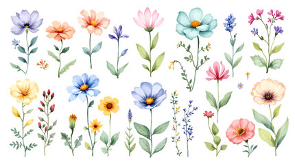 Set watrecolor floral background with flowers