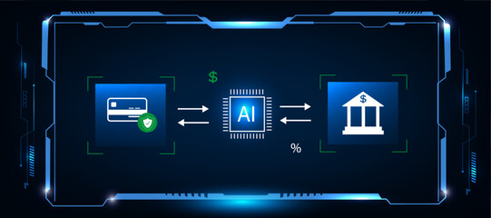 Smart Banking and Artificial Intelligence HUD Screen with Digital Payment Card and Bank