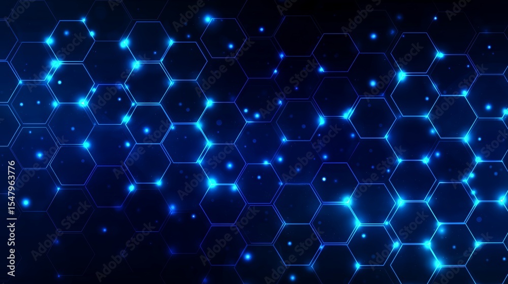 Poster Colorful hexagonal pattern with glowing points of light against a dark background creating a futuristic look