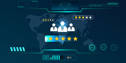 Customer Support and Feedback Concept rating Displayed in a Virtual HUD Interface with Blue Technology