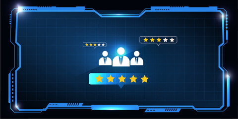 Digital HUD Dashboard Displaying Customer Satisfaction Icons and Support Metrics in Blue Gradient Tech Background