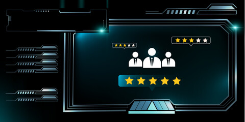 Digital HUD Dashboard Displaying Customer Satisfaction Icons and Support Metrics in Blue Gradient Tech Background