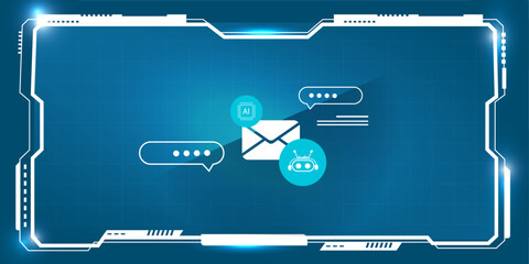 Artificial Intelligence Customer Support – Email and AI Chatbot Icons Displayed on Futuristic HUD Screen Concept