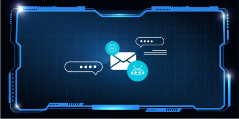Artificial Intelligence Customer Support – Email and AI Chatbot Icons Displayed on Futuristic HUD Screen Concept