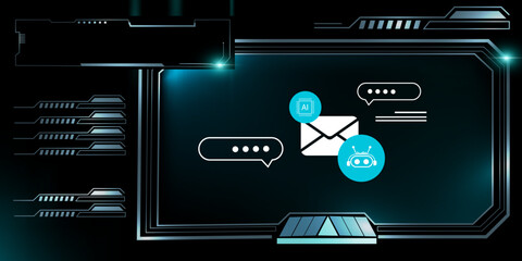 Smart Virtual Assistant Display with Email Symbol and AI Chat Interface on a Glowing Tech HUD Dashboard