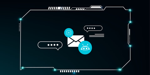 AI-Powered Email Chat Support Concept – Digital HUD Interface Displaying Virtual Agent and Communication Tools