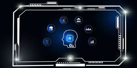 High-Tech Digital HUD Interface Featuring Artificial Intelligence Tools in Finance, Property, and Business