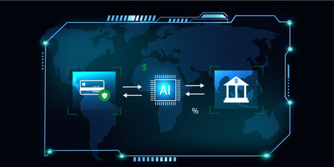 High-Tech global Digital Payment Concept with HUD Layout, AI Icons, Bank Symbols and Smart Finance Visuals