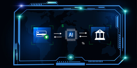 Futuristic Digital Payment System Interface with AI and Credit Card Icons in a Smart Banking