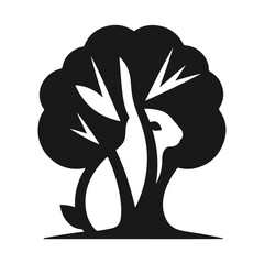 Design a minimalist black-and-white logo using negative space to reveal a rabbit within or around a tree shape