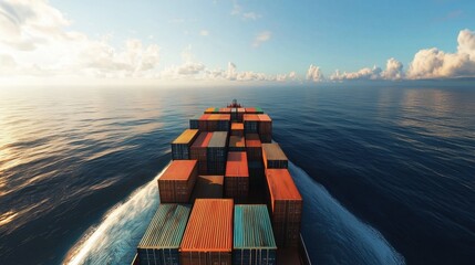 Container cargo ship on open ocean at sunset. Global logistics transportation. International export import business for trading.