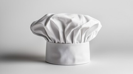Chef hat placed on a simple surface with a neutral background highlighting its design and fabric texture while conveying a sense of culinary artistry in a modern kitchen setup