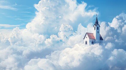 White church building with a cross on top, floating high in fluffy white clouds. Religious sanctuary in heaven for spiritual concept.