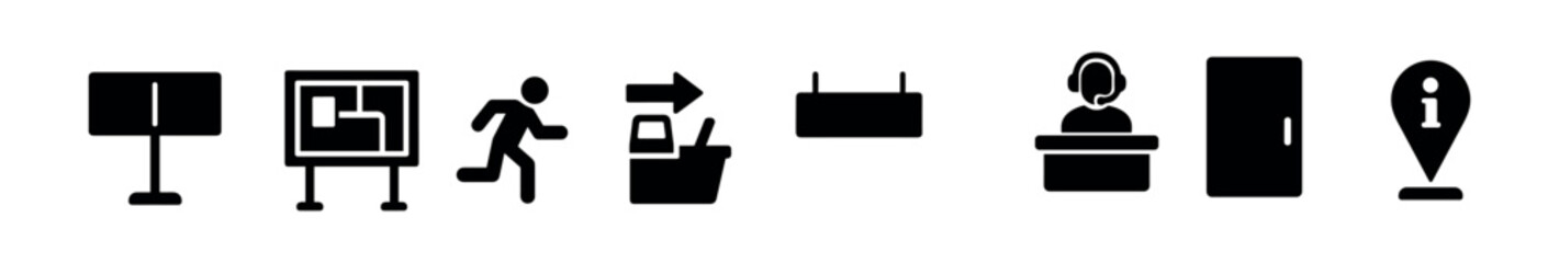 Obraz premium Navigation and information silhouette icon set. wayfinding, direction resources silhouette collection