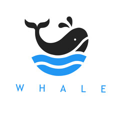 Playful whale logo design featuring a black whale with a water splash above blue ocean waves, perfect for aquatic-themed brands or marine-related businesses