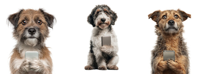 Funny Dogs Holding Mobile Set on Transparent Background