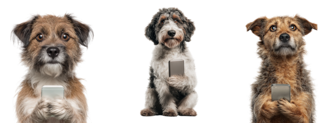 Funny Dogs Holding Mobile Set on Transparent Background