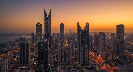 Fototapeta premium Captivating cityscape at dusk with modern architecture and vibrant city lights illuminating the urban landscape