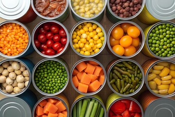 Variety of canned vegetables and fruits arranged overhead shot for food storage