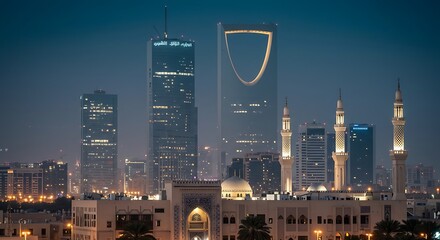 Riyadh cityscape at night featuring Kingdom Centre and Al Faisaliyah Centre with a beautiful mosque in the foreground