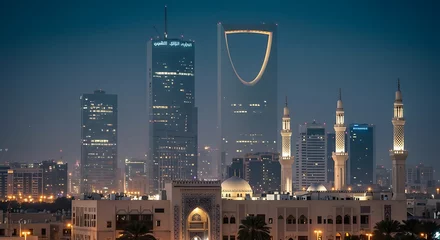 Fototapete Fotos Riyadh cityscape at night featuring Kingdom Centre and Al Faisaliyah Centre with a beautiful mosque in the foreground  © Muhamad