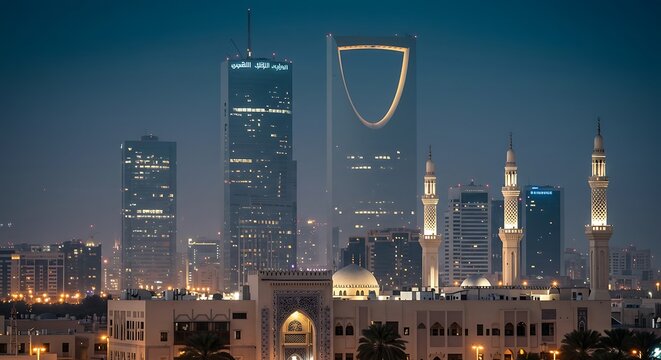 Riyadh cityscape at night featuring Kingdom Centre and Al Faisaliyah Centre with a beautiful mosque in the foreground - Powered by Adobe