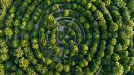 Aerial top down view of a circular park with winding footpaths and lush green trees. Nature and urban planning concept for travel or landscape design.