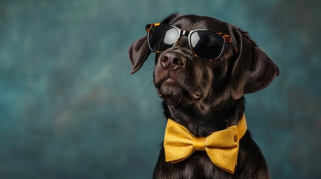 Black dog wearing sunglasses and a yellow bow tie poses confidently against a blue background, showcasing a stylish and playful personality - Powered by Adobe