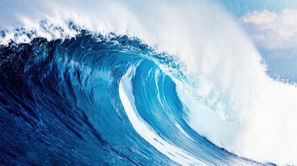Majestic ocean wave crashing under a bright blue sky at midday