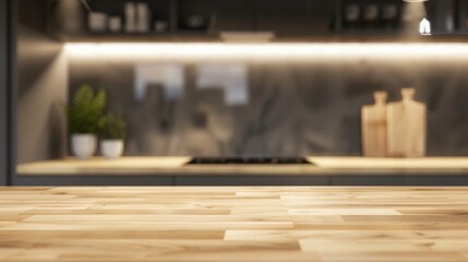 Wooden table in modern kitchen with blurred background. Wood rustic counter for product display, showcasing bright and clean interior design, ideal for cooking and home lifestyle