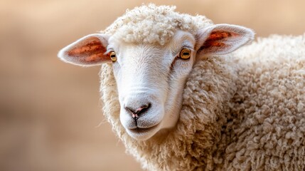 Woolly sheep portrait showcasing soft fleece against a blurred background in a serene pasture with natural lighting at midday