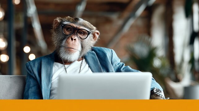 Monkey wearing glasses and a suit is sitting in front of a laptop. The monkey appears to be focused on the laptop screen, possibly working or browsing the internet