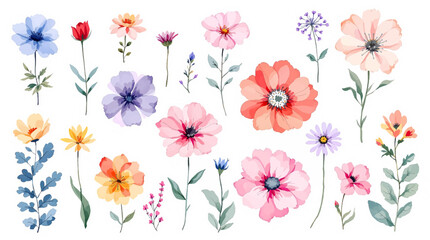 Spring  Set flowers watrecolor clipart on withe background
