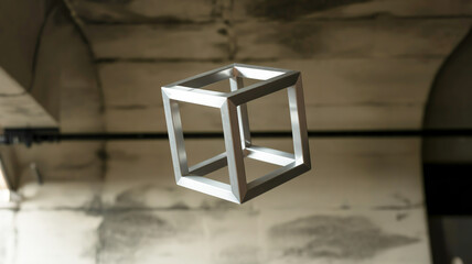 A photorealistic image of a floating impossible cube against a dark, textured background.